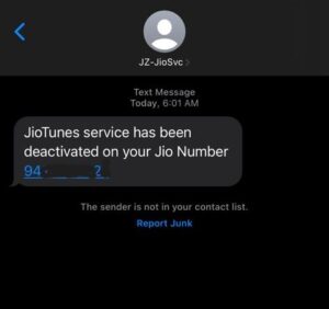 JioTune removal confirmation message