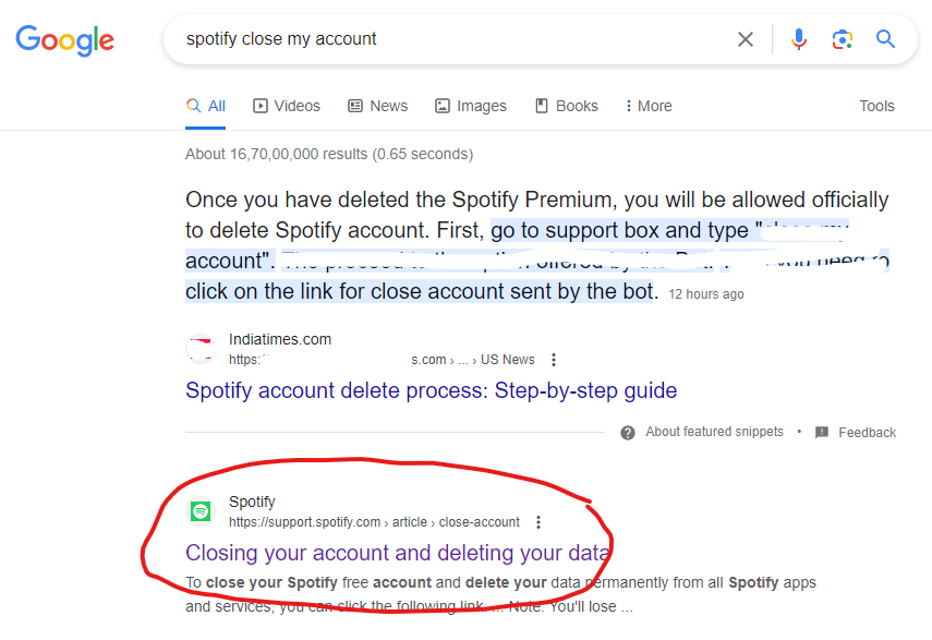 Google result for close Spotify account